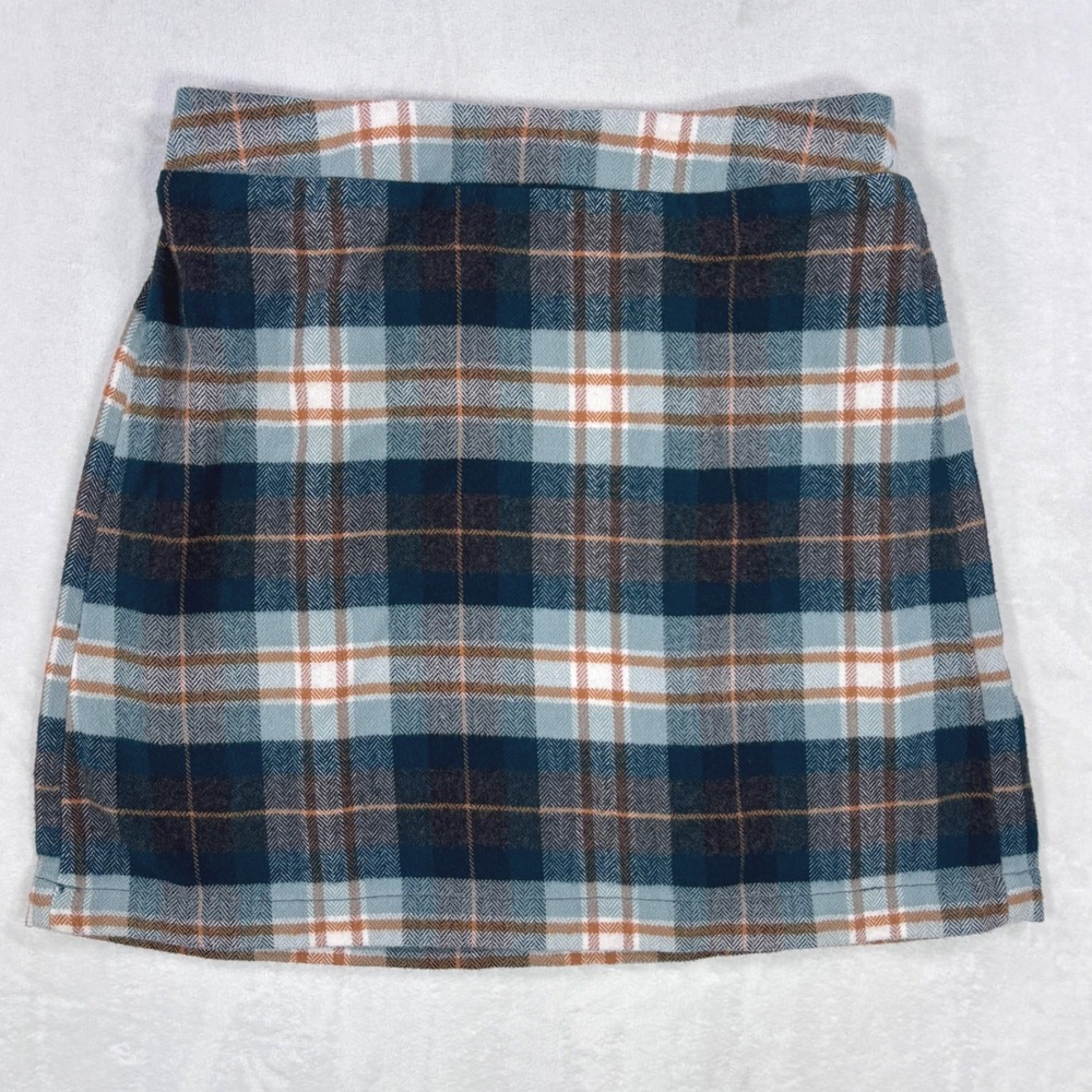 American Eagle Teal Orange Plaid Cozy Fall Flannel Mini Skirt Sz S Elastic Back